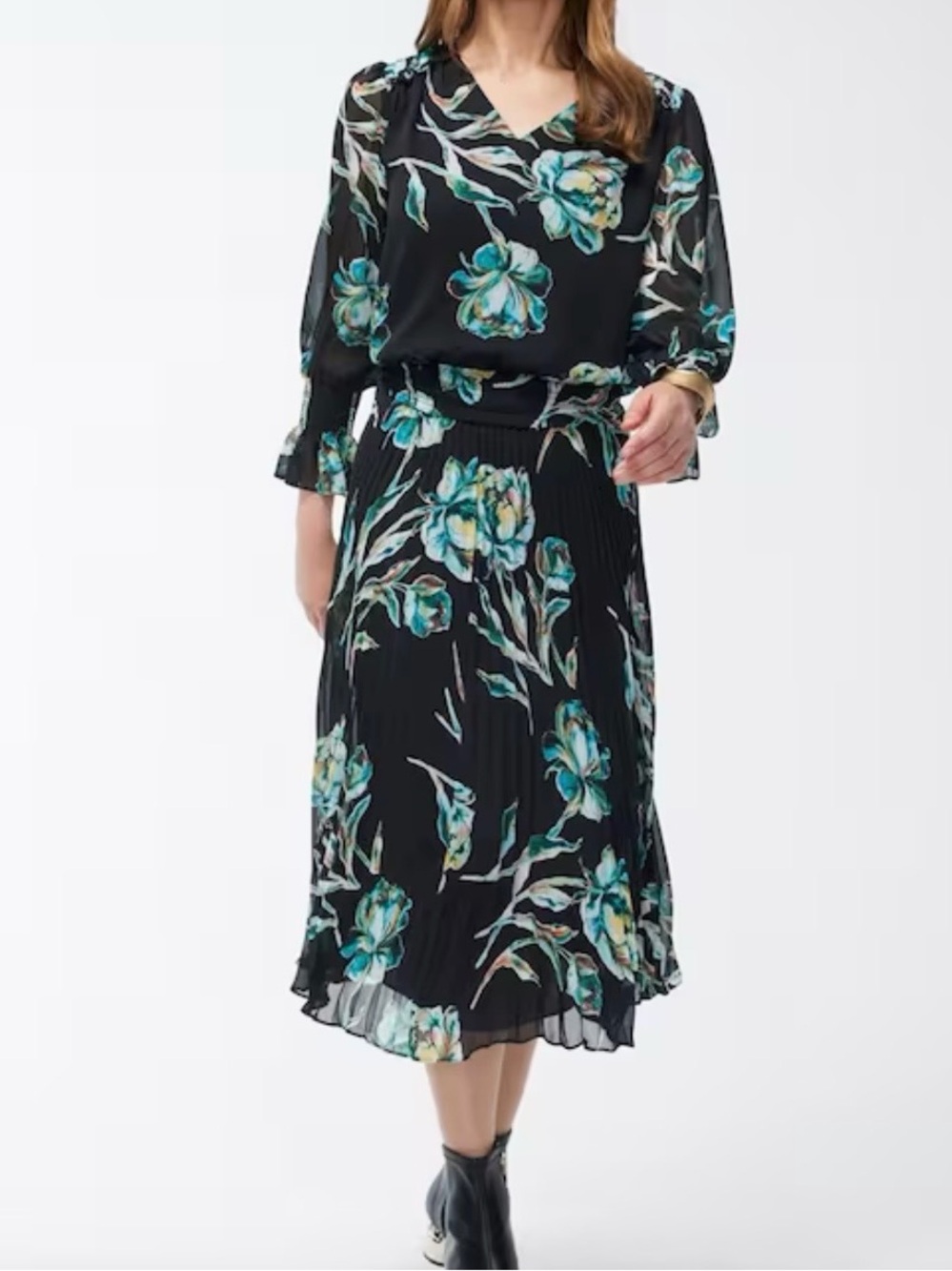 Chico's Black Floral Midi Dress with Teal & Cream Blooms